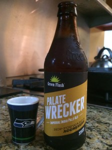 Green Flash Palate Wrecker IPA, along with me Seahawks shot "mug". Helps with the pain of the Super Bowl loss.